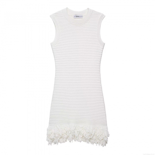 Women Elegant White Ribbed Knit Sleeveless Mini Dress With Tassel Fringe Hem Round Neck Polyester Bodycon Dress For Party Vacation