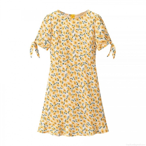 Women Elegant Yellow Sunflower Floral Print Polyester Chiffon Midi Dress Short Sleeve Round Neck With Bow Tie Cuffs Back Zipper Summer Vacation Casual Party A-Line Dress