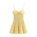 Women Yellow Gingham Camisole Dress Linen Cotton Smocked Waist Backless Bow A-Line Mini Dress With Ruffles Summer Beach Vacation
