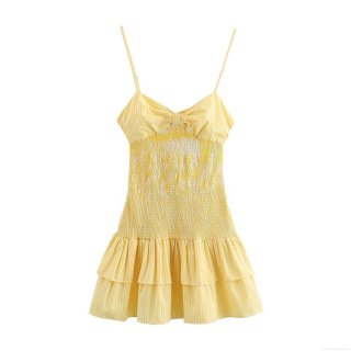 Women Yellow Gingham Camisole Dress Linen Cotton Smocked Waist Backless Bow A-Line Mini Dress With Ruffles Summer Beach Vacation