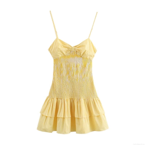 Women Yellow Gingham Camisole Dress Linen Cotton Smocked Waist Backless Bow A-Line Mini Dress With Ruffles Summer Beach Vacation