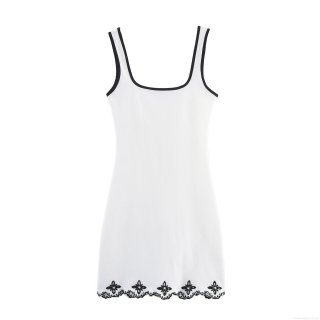 Women's White Slip Mini Dress Cotton Blend Contrast Trim Black Floral Embroidery Pearl Embellished Sexy Bodycon Dress For Party Summer Vacation Elegant