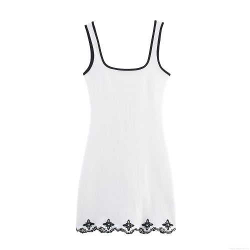 Women's White Slip Mini Dress Cotton Blend Contrast Trim Black Floral Embroidery Pearl Embellished Sexy Bodycon Dress For Party Summer Vacation Elegant