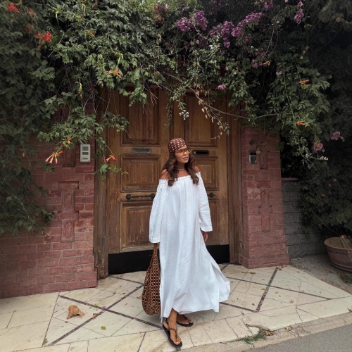 Elegant White Off-The-Shoulder Linen Cotton Maxi Dress For Women French Resort Style Long Sleeve Loose A-Line Casual Vacation Sundress