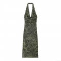 Women Zebra Print Halter Neck Maxi Dress Mesh Sexy Backless Ruched Long Dress For Party Elegant Clubwear Summer Sleeveless Gown