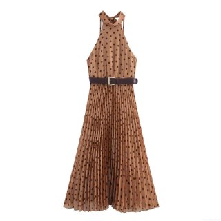 Women Elegant Polka Dot Halter Midi Dress With Belt Chiffon Pleated Sleeveless A-Line Party Dress Retro Style Ladies Summer Dresses