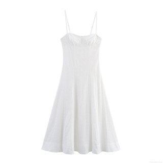 Women's Elegant White Eyelet Embroidery Midi Dress Cotton Blend Corset Bustier Spaghetti Strap Hollow Out A-Line Party Dress