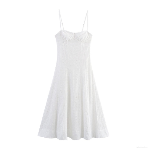 Women's Elegant White Eyelet Embroidery Midi Dress Cotton Blend Corset Bustier Spaghetti Strap Hollow Out A-Line Party Dress