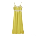 Women's Sexy Lace Trim Camisole Midi Dress Satin Polyester Spaghetti Strap Bodycon Party Evening Clubwear Elegant Backless Slip Dress Fluorescent Yellow