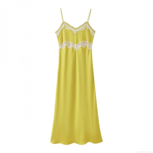 Women's Sexy Lace Trim Camisole Midi Dress Satin Polyester Spaghetti Strap Bodycon Party Evening Clubwear Elegant Backless Slip Dress Fluorescent Yellow