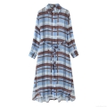 Women's Elegant Plaid Shirt Dress Long Sleeve Button Down Belted Maxi Dress Casual Retro Gingham Dress with Irregular Hem and Pockets Polyester Linen Blend Gown