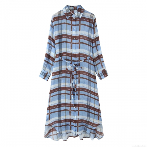 Women's Elegant Plaid Shirt Dress Long Sleeve Button Down Belted Maxi Dress Casual Retro Gingham Dress with Irregular Hem and Pockets Polyester Linen Blend Gown