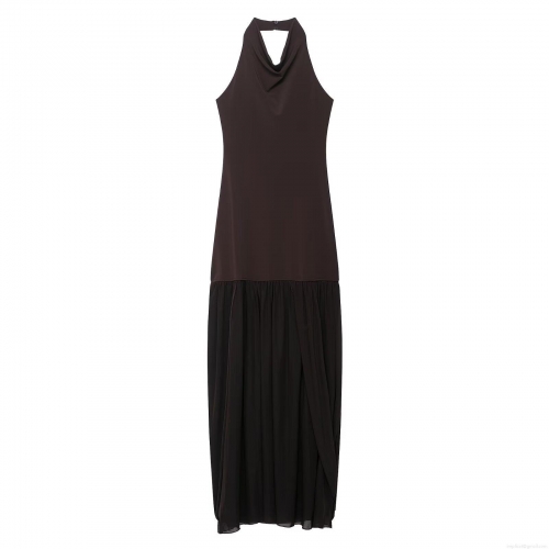 Women Halter Neck Maxi Dress Elegant Polyester Patchwork Pleated Long Dress For Party Banquet Date Slim Fit Solid Color Celebrity Style Sleeveless Evening Gown