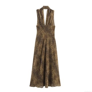 Sexy Leopard Print Halter Neck Deep V Backless Chiffon Maxi Dress For Women Summer Vacation Sleeveless Long Beach Dress Elegant Party Wear