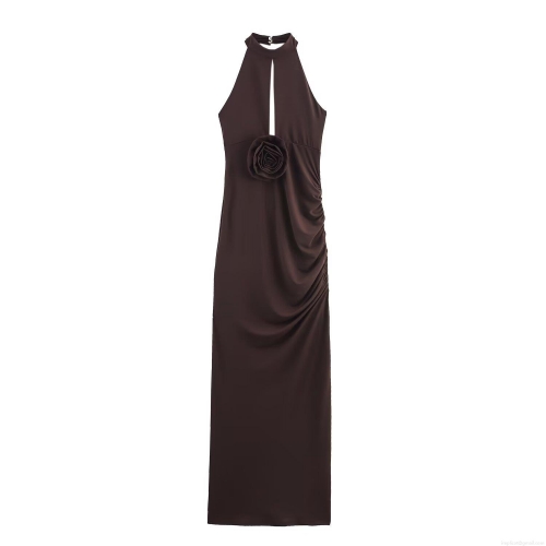 Women Halter Neck Maxi Dress Polyester Knit Sleeveless Backless With Three-Dimensional Rose Flower Pleated Slim Bodycon Long Dress For Party Banquet Elegant Coffee Dress