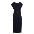 Elegant Denim Midi Dress with Belt Short Sleeve Round Neck Slim Fit Navy Blue Cotton Blend A-Line Dress for Women Casual Office Party
