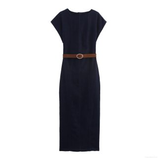 Elegant Denim Midi Dress with Belt Short Sleeve Round Neck Slim Fit Navy Blue Cotton Blend A-Line Dress for Women Casual Office Party