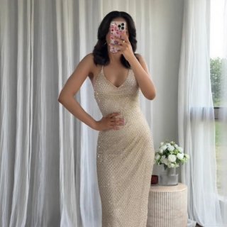 Sexy V-Neck Sleeveless Sequin Rhinestone Evening Dress For Women Champagne Gold Mesh Halter Backless Maxi Dress For Wedding Party Banquet