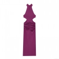 Purple Halter Neck Maxi Dress For Women Sexy Cut-out Ruched Slim Fit Sleeveless Evening Party Gown Elegant Polyester Socialite Summer Fashion