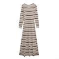 Women's Knit Maxi Dress Long Sleeve Elegant Multi-Color Horizontal Striped Round Neck Slim Fit A-Line Knitted Long Dress For Party Vacation Daily Fashion