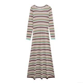 Women's Knit Maxi Dress Long Sleeve Elegant Multi-Color Horizontal Striped Round Neck Slim Fit A-Line Knitted Long Dress For Party Vacation Daily Fashion
