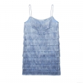 Women's Elegant Light Blue Multi-Layered Fringe Cami Mini Dress Sexy Spaghetti Strap Tassel Dress For Vacation Party Socialite