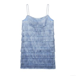 Women's Elegant Light Blue Multi-Layered Fringe Cami Mini Dress Sexy Spaghetti Strap Tassel Dress For Vacation Party Socialite
