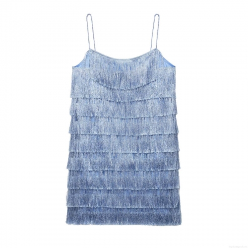 Women's Elegant Light Blue Multi-Layered Fringe Cami Mini Dress Sexy Spaghetti Strap Tassel Dress For Vacation Party Socialite