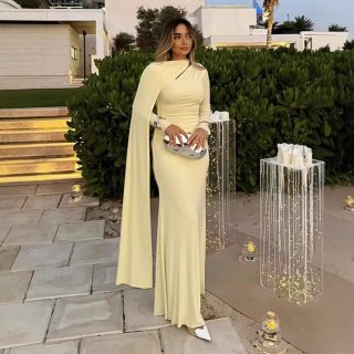 Women's Elegant One Shoulder Cut Out Knitted Maxi Dress Pleated Cape Sleeve Bodycon Evening Party Banquet Formal Wedding Guest Dress