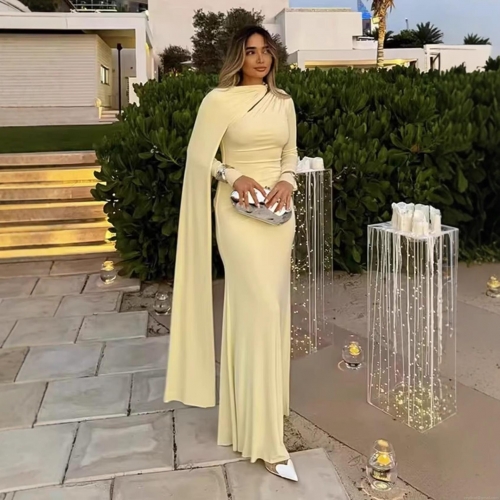 Women's Elegant One Shoulder Cut Out Knitted Maxi Dress Pleated Cape Sleeve Bodycon Evening Party Banquet Formal Wedding Guest Dress
