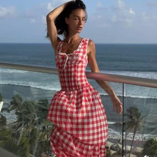 French Retro Red Gingham Maxi Dress Women Sweet Floral Embroidery Square Neck Bow Cami Tiered Cake Skirt For Beach Vacation Resort Party Elegant Cotton Blend Dress