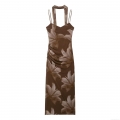 Women Elegant Brown Floral Print Mesh Midi Dress Sexy Ruched Halter Neck Sleeveless Slim Fit Party Dress With Adjustable Straps