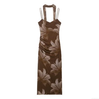 Women Elegant Brown Floral Print Mesh Midi Dress Sexy Ruched Halter Neck Sleeveless Slim Fit Party Dress With Adjustable Straps
