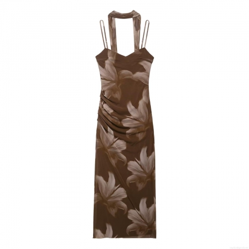 Women Elegant Brown Floral Print Mesh Midi Dress Sexy Ruched Halter Neck Sleeveless Slim Fit Party Dress With Adjustable Straps