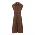 Elegant Women's Solid Color Midi Dress With Belt Fashion Polyester Short Sleeve Lapel V-Neck Straight Dress For Office Commuting Party Lady Fashion Summer Outfit