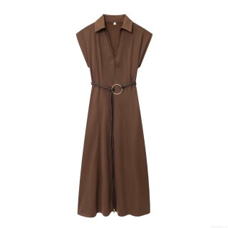 Elegant Women's Solid Color Midi Dress With Belt Fashion Polyester Short Sleeve Lapel V-Neck Straight Dress For Office Commuting Party Lady Fashion Summer Outfit