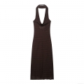 Polka Dot Halter Neck Maxi Dress Mesh Sleeveless Backless Sexy Brown Party Dress For Women Summer Vacation Elegant A-Line Sundress