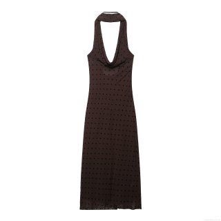 Polka Dot Halter Neck Maxi Dress Mesh Sleeveless Backless Sexy Brown Party Dress For Women Summer Vacation Elegant A-Line Sundress