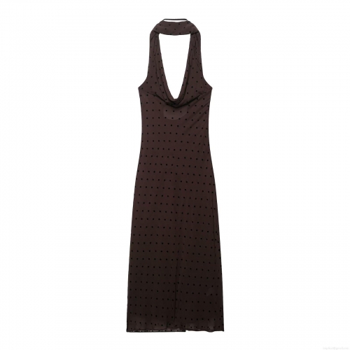 Polka Dot Halter Neck Maxi Dress Mesh Sleeveless Backless Sexy Brown Party Dress For Women Summer Vacation Elegant A-Line Sundress