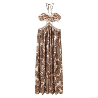 Women's Sexy Halter Neck Cut Out Maxi Dress Bohemian Paisley Print Sleeveless Backless Slim Fit Vacation Long Dress Polyester Summer Beachwear