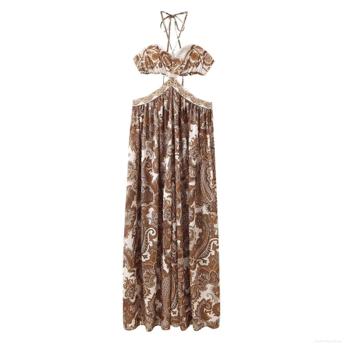 Women's Sexy Halter Neck Cut Out Maxi Dress Bohemian Paisley Print Sleeveless Backless Slim Fit Vacation Long Dress Polyester Summer Beachwear