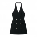 Women Halter Neck Double Breasted Suit Mini Dress Polyester Sexy Backless Sleeveless Bodycon Party Dress With Metal Buttons Elegant Lady Clubwear