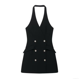 Women Halter Neck Double Breasted Suit Mini Dress Polyester Sexy Backless Sleeveless Bodycon Party Dress With Metal Buttons Elegant Lady Clubwear