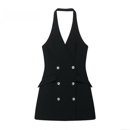 Women Halter Neck Double Breasted Suit Mini Dress Polyester Sexy Backless Sleeveless Bodycon Party Dress With Metal Buttons Elegant Lady Clubwear