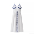 Elegant White Embroidery Sling Maxi Dress For Women 100% Polyester V-Neck Blue Floral Summer Beach Vacation Long Dress Sleeveless Party Dress