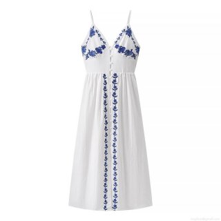 Elegant White Embroidery Sling Maxi Dress For Women 100% Polyester V-Neck Blue Floral Summer Beach Vacation Long Dress Sleeveless Party Dress