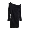 Women's Asymmetric One Shoulder Long Sleeve Ruched Mini Dress Elegant Solid Color Slim Fit Bodycon Party Dress Sexy Clubwear For Ladies