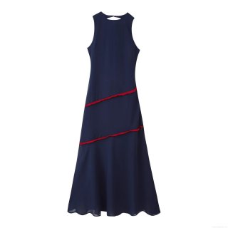 Women's Sexy Backless Maxi Dress Sleeveless Round Neck Polyester Contrast Color Red Tassel Patchwork Elegant Summer Party Vacation Long Dress For Women
