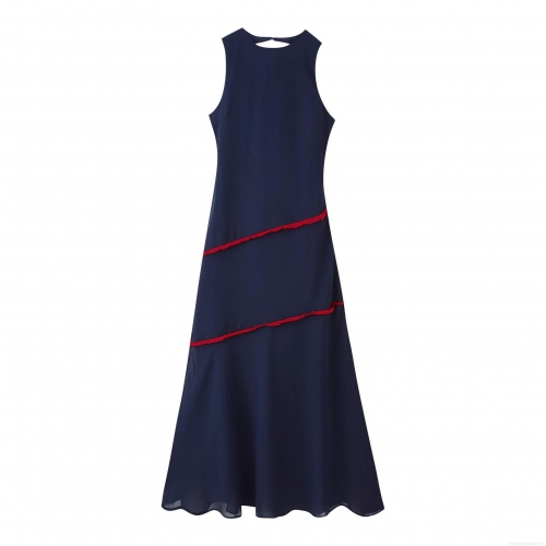 Women's Sexy Backless Maxi Dress Sleeveless Round Neck Polyester Contrast Color Red Tassel Patchwork Elegant Summer Party Vacation Long Dress For Women