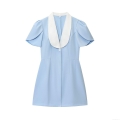 Women Elegant Light Blue Polyester Mini Dress Short Sleeve Contrast White Lapel Slim Fit Button Professional Office Commuter Bodycon Dress For Summer